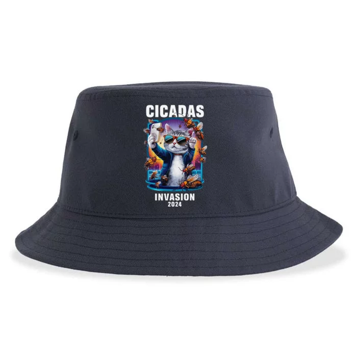 Funny Cat Selfie Cicadas Invasion 2024 Sustainable Bucket Hat