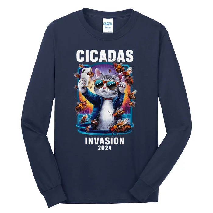 Funny Cat Selfie Cicadas Invasion 2024 Tall Long Sleeve T-Shirt