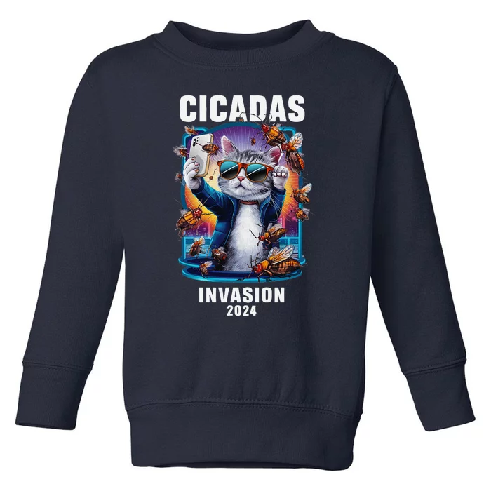 Funny Cat Selfie Cicadas Invasion 2024 Toddler Sweatshirt