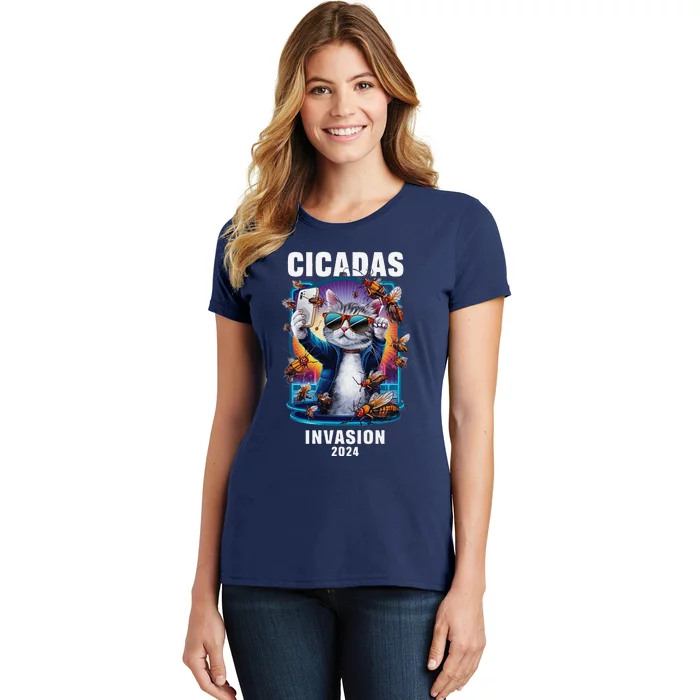 Funny Cat Selfie Cicadas Invasion 2024 Women's T-Shirt