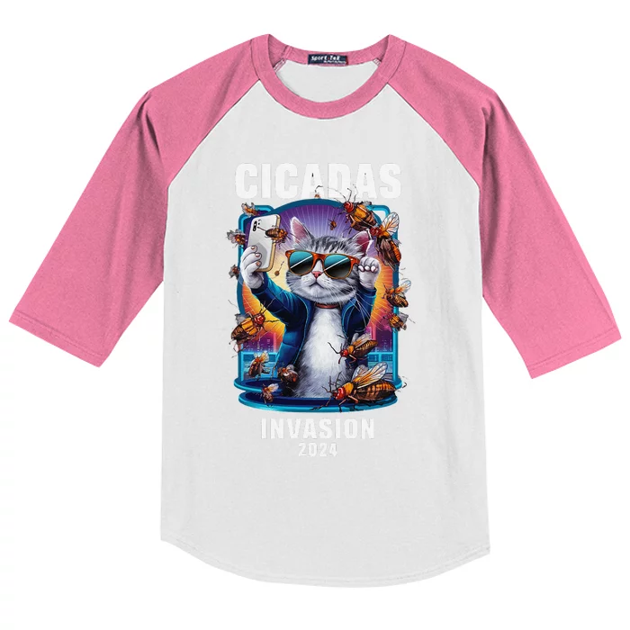 Funny Cat Selfie Cicadas Invasion 2024 Kids Colorblock Raglan Jersey