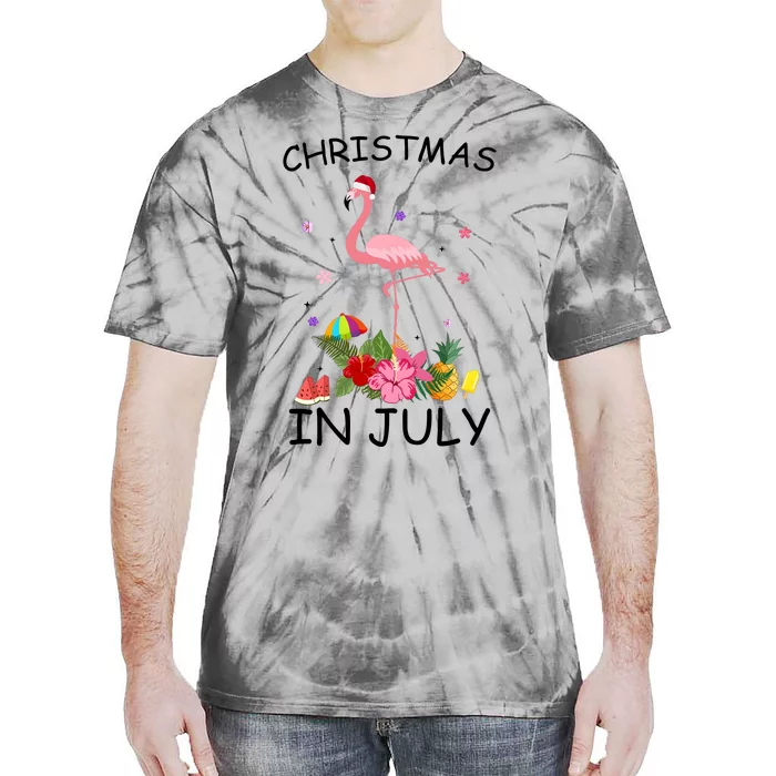 Flamingo Christmas Santa In July Tie-Dye T-Shirt