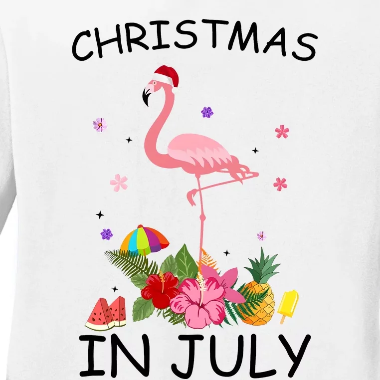 Flamingo Christmas Santa In July Ladies Long Sleeve Shirt