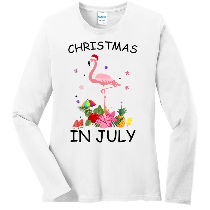 Flamingo Christmas Santa In July Ladies Long Sleeve Shirt