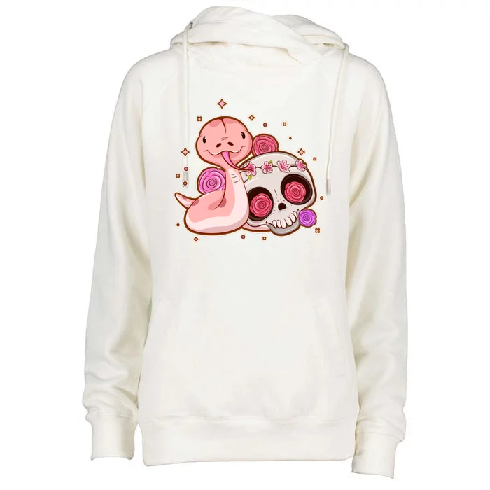 Funny Cute Snake and Flower Skull Womens Funnel Neck Pullover Hood