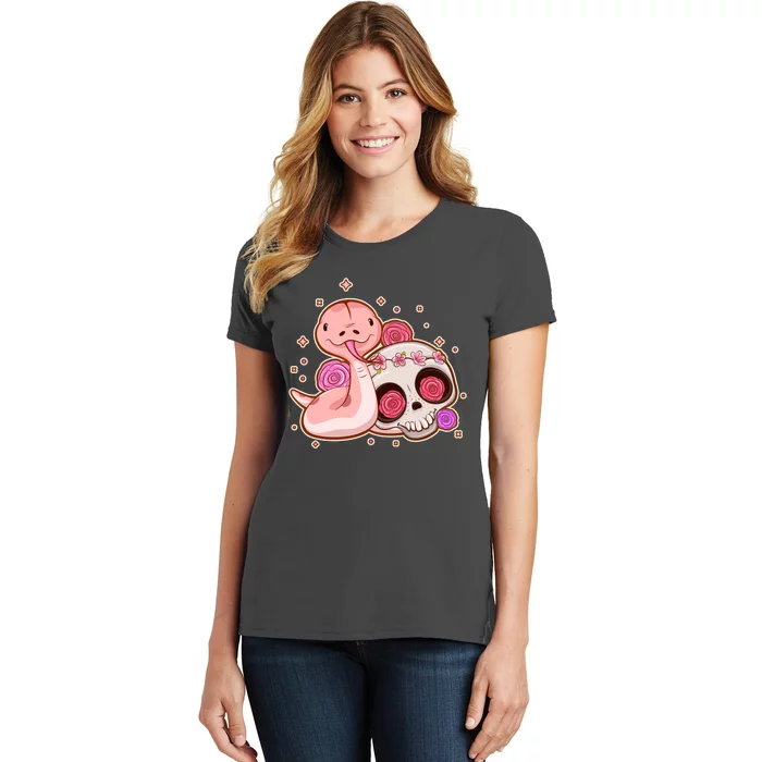 Funny Cute Snake and Flower Skull Women's T-Shirt