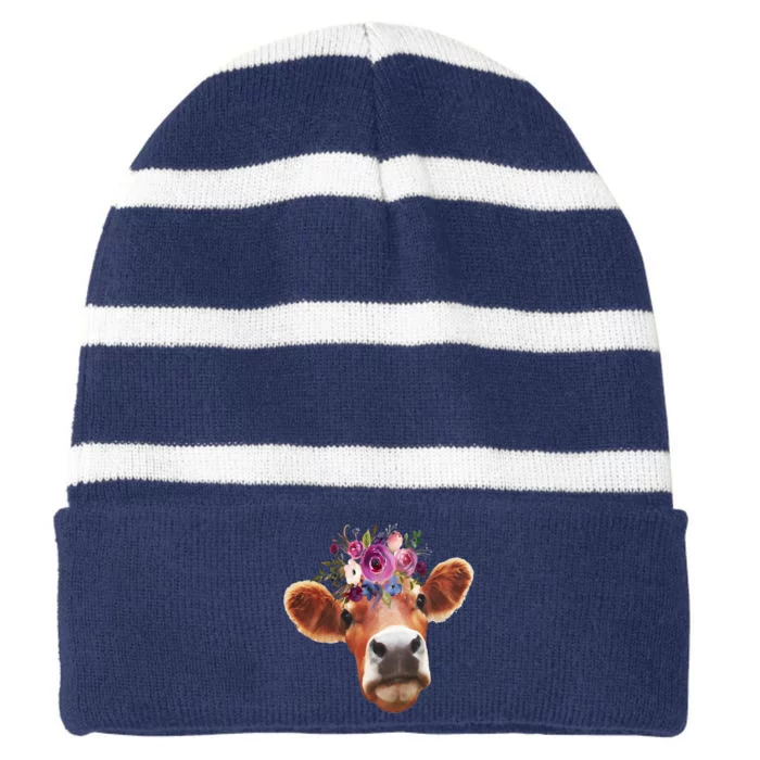 Floral Cow Spring Nature Striped Beanie with Solid Band