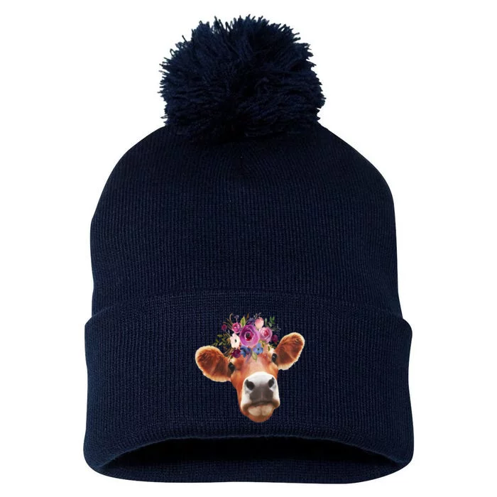 Floral Cow Spring Nature Pom Pom 12in Knit Beanie