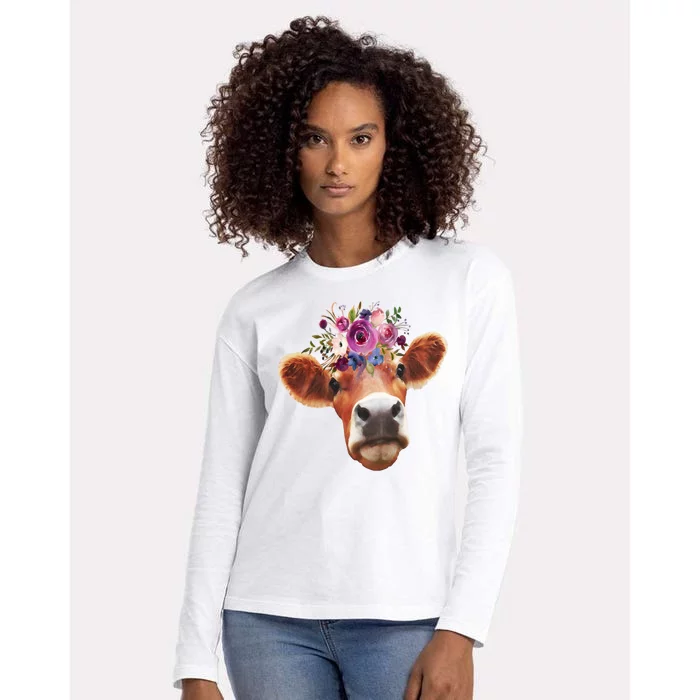 Floral Cow Spring Nature Womens Cotton Relaxed Long Sleeve T-Shirt