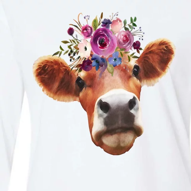 Floral Cow Spring Nature Womens Cotton Relaxed Long Sleeve T-Shirt