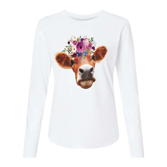 Floral Cow Spring Nature Womens Cotton Relaxed Long Sleeve T-Shirt