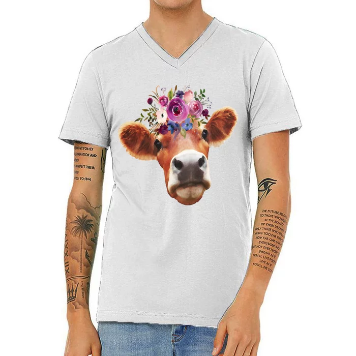 Floral Cow Spring Nature V-Neck T-Shirt