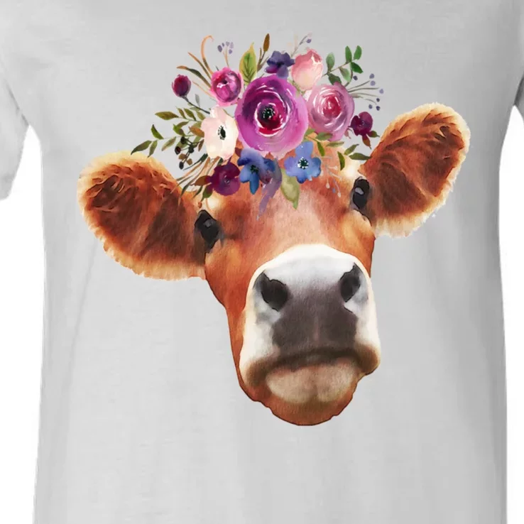 Floral Cow Spring Nature V-Neck T-Shirt