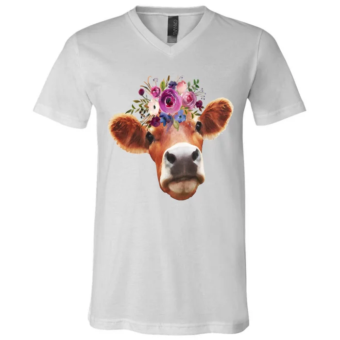 Floral Cow Spring Nature V-Neck T-Shirt