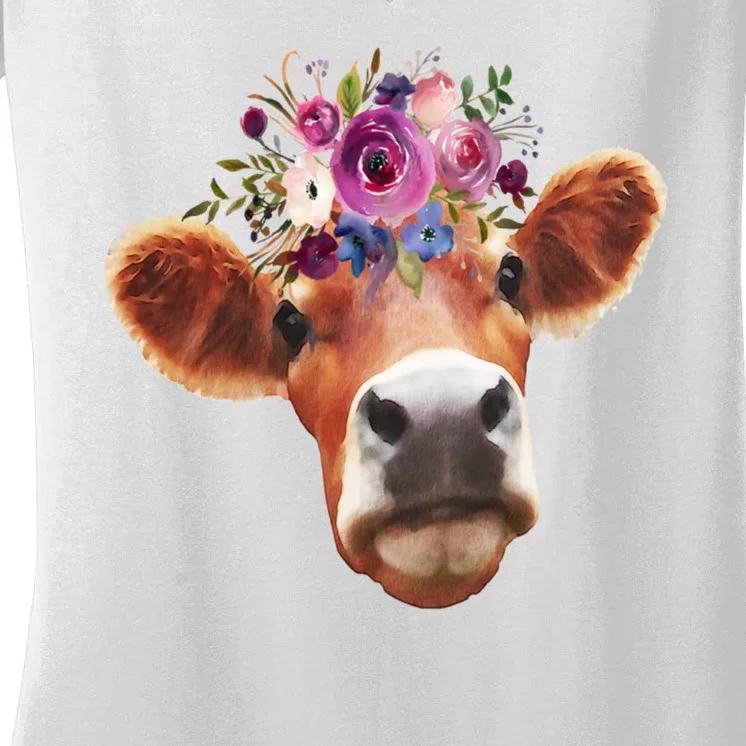 Floral Cow Spring Nature Women's V-Neck T-Shirt