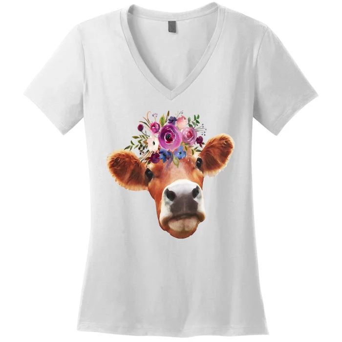 Floral Cow Spring Nature Women's V-Neck T-Shirt