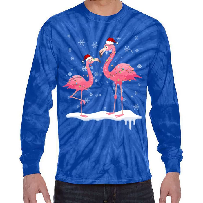 Flamingo Christmas Tree Santa Hat Gift Tie-Dye Long Sleeve Shirt