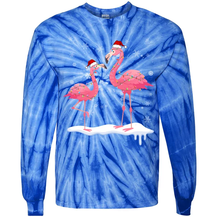 Flamingo Christmas Tree Santa Hat Gift Tie-Dye Long Sleeve Shirt