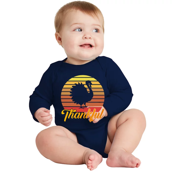 Funny Cute Thankful Turkey Retro Sunset, Thankful Grateful Blessed Autumn Fall 2 Baby Long Sleeve Bodysuit