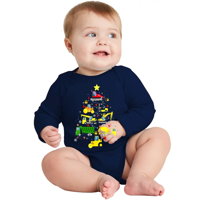 Funny Construction Trucks Christmas Tree Baby Long Sleeve Bodysuit