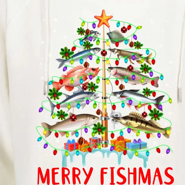 Funny Christmas Tree Lights Fish Fishing Rod Merry Fishmas Womens Funnel Neck Pullover Hood