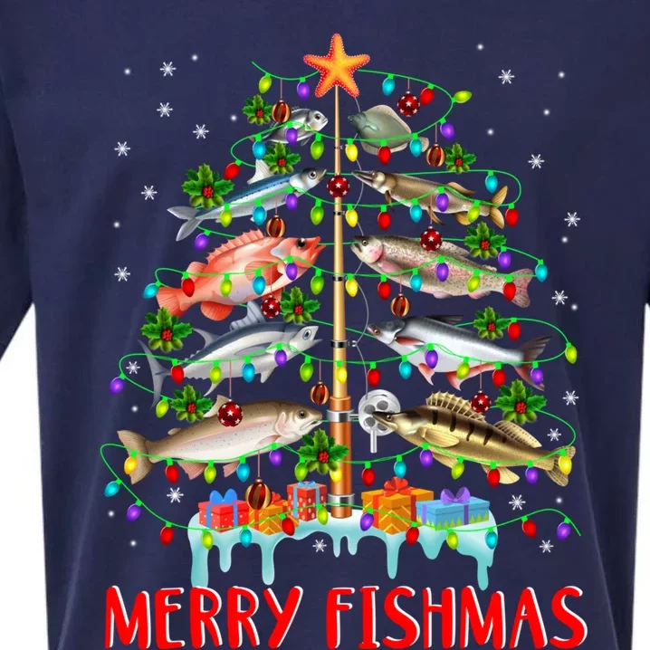 Funny Christmas Tree Lights Fish Fishing Rod Merry Fishmas Sueded Cloud Jersey T-Shirt