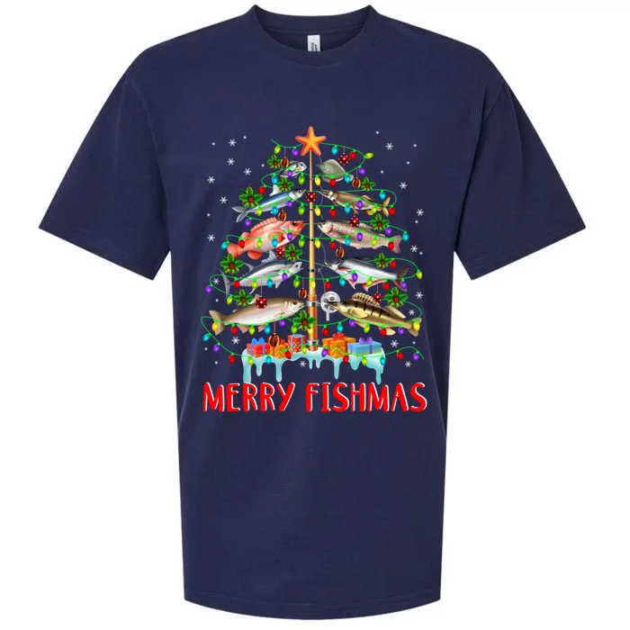 Funny Christmas Tree Lights Fish Fishing Rod Merry Fishmas Sueded Cloud Jersey T-Shirt