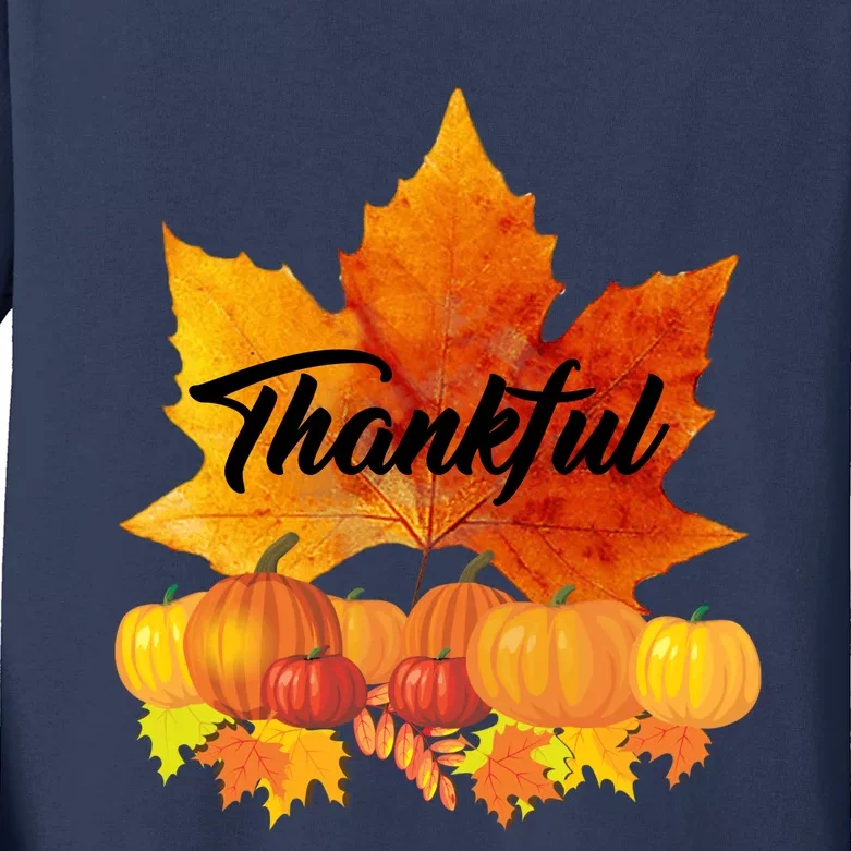 Funny Cute Thankful Autumn Leaves Thanksgiving Fall Kids Long Sleeve Shirt