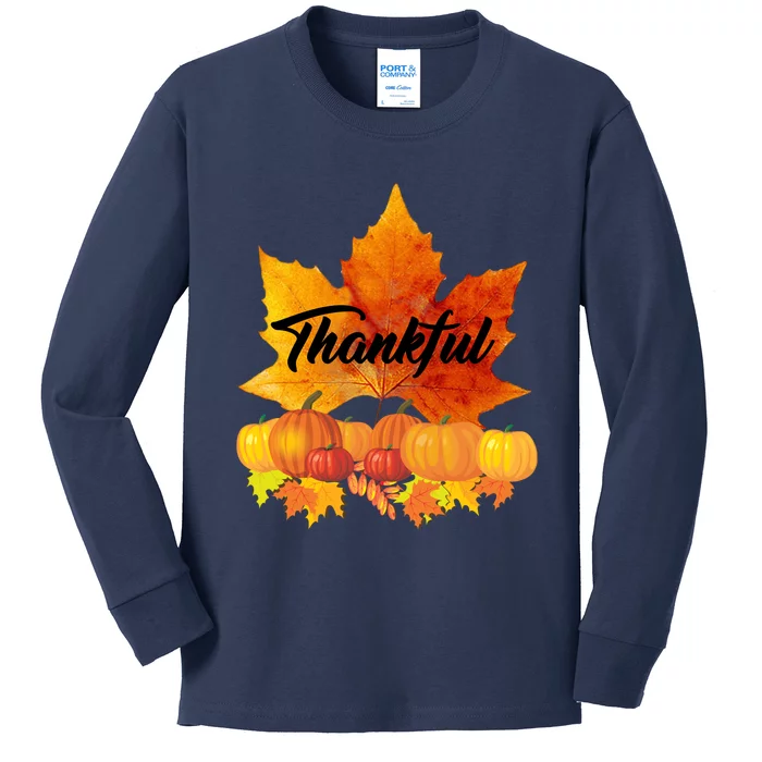 Funny Cute Thankful Autumn Leaves Thanksgiving Fall Kids Long Sleeve Shirt