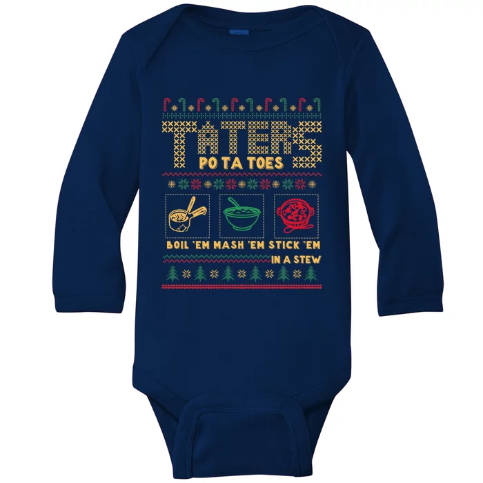 Funny Christmas Taters Potatoes Ugly Christmas Sweater Baby Long Sleeve Bodysuit