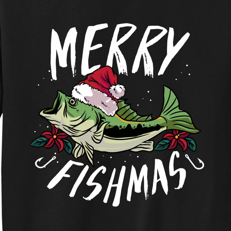 Funny Christmas Themed Bass Fishing Design Merry Fishmas Hoodie Sweatshirt