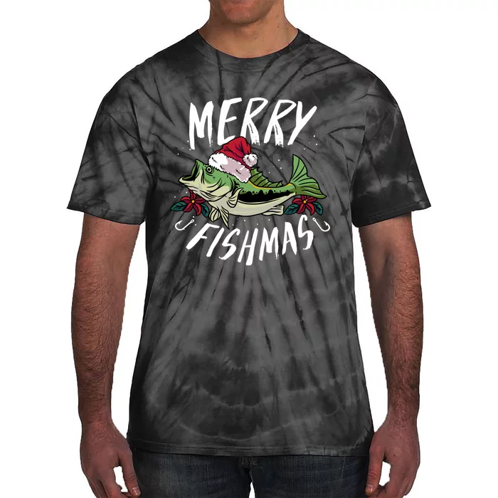 Funny Christmas Themed Bass Fishing Design Merry Fishmas Hoodie Tie-Dye T-Shirt