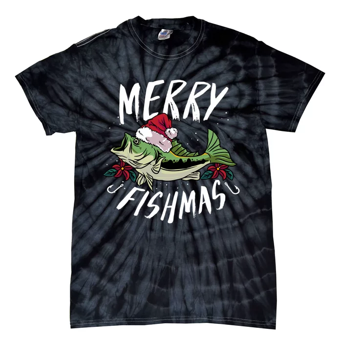 Funny Christmas Themed Bass Fishing Design Merry Fishmas Hoodie Tie-Dye T-Shirt