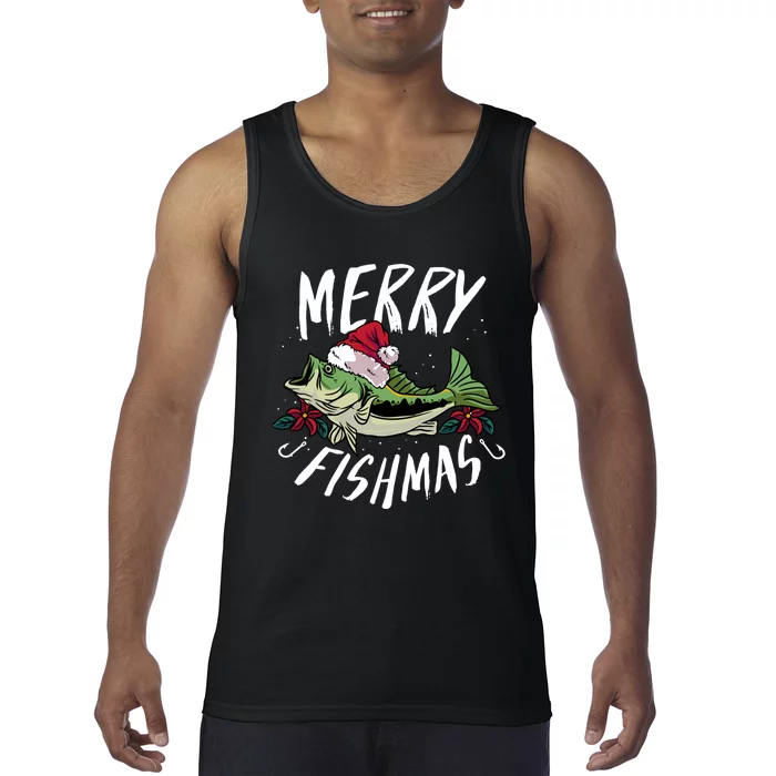 Funny Christmas Themed Bass Fishing Design Merry Fishmas Hoodie Tank Top