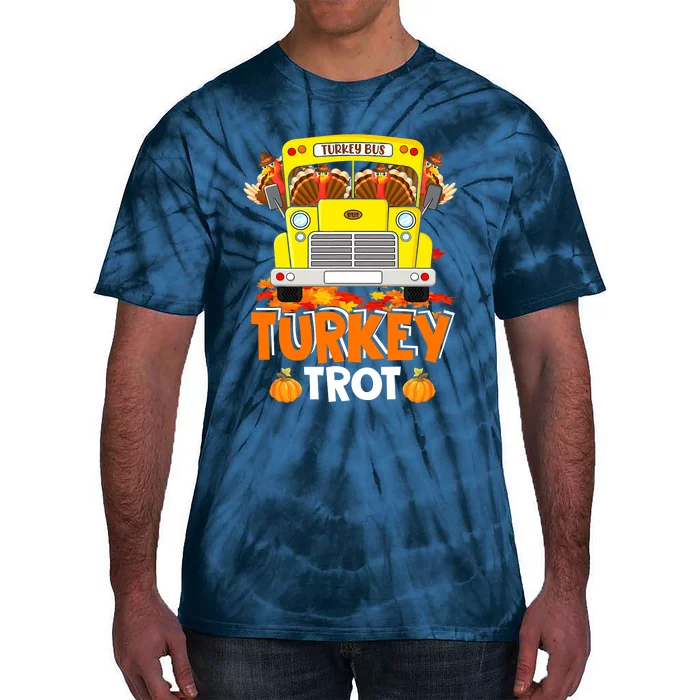 Funny Cute Turkey Trot Turkey Running On School Bus Thanksgiving Tie-Dye T-Shirt