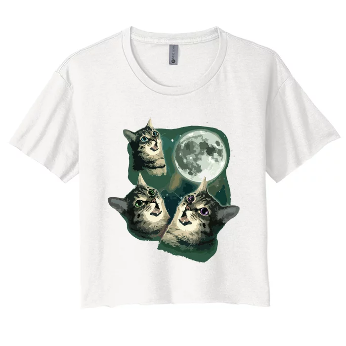 Funny Cat Three Cat Moon 3 Wolfs Cute Kitten Graphic Women's Crop Top Tee