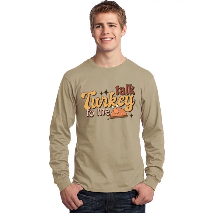 Funny Cute Talk Turkey To Me Retro Groovy Family Thanksgiving Matching Outfits Tall Long Sleeve T-Shirt