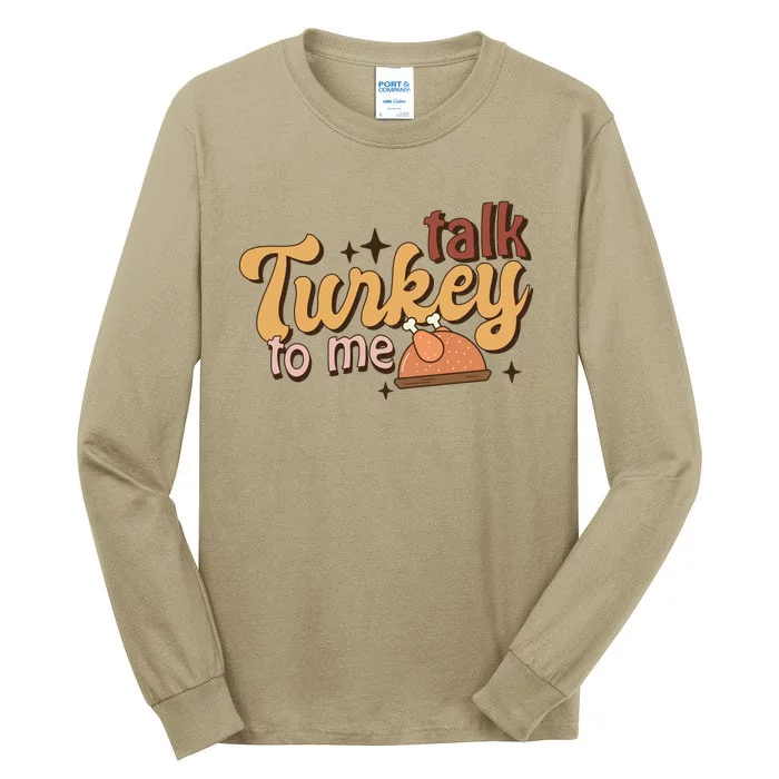 Funny Cute Talk Turkey To Me Retro Groovy Family Thanksgiving Matching Outfits Tall Long Sleeve T-Shirt