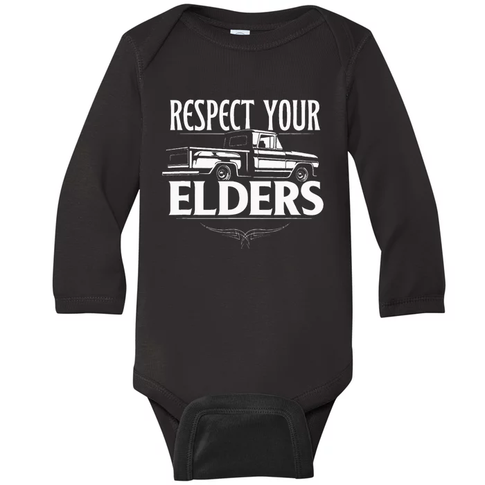 Funny Classic Truck Guy Respect Your Elders Baby Long Sleeve Bodysuit