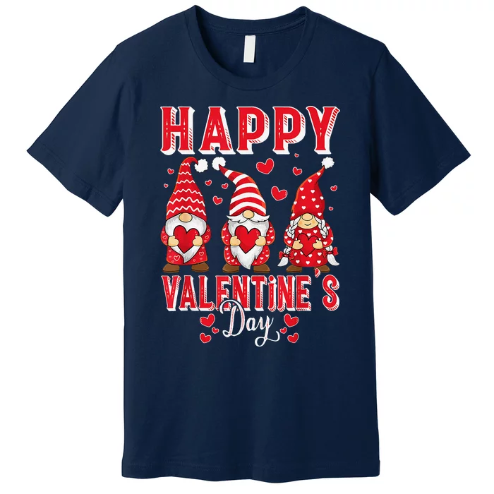 Funny Cute Three Gnomes Holding Hearts Happy Valentines Day Premium T-Shirt