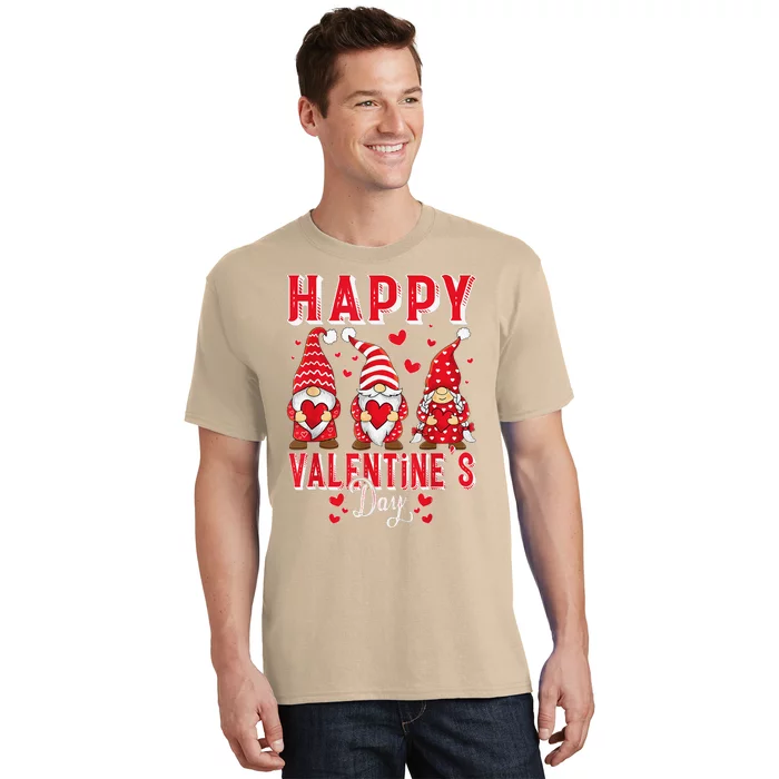 Funny Cute Three Gnomes Holding Hearts Happy Valentines Day T-Shirt