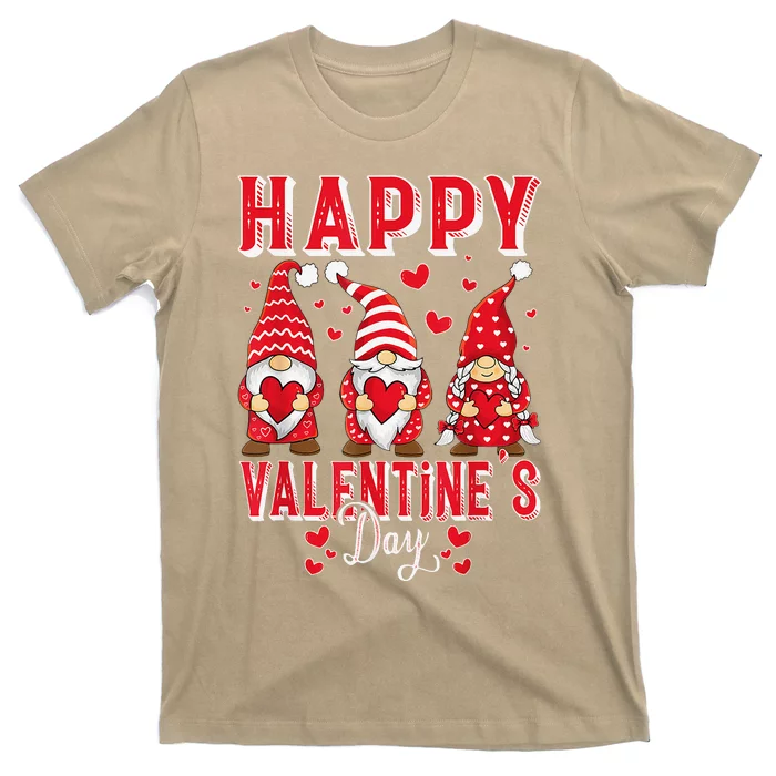 Funny Cute Three Gnomes Holding Hearts Happy Valentines Day T-Shirt