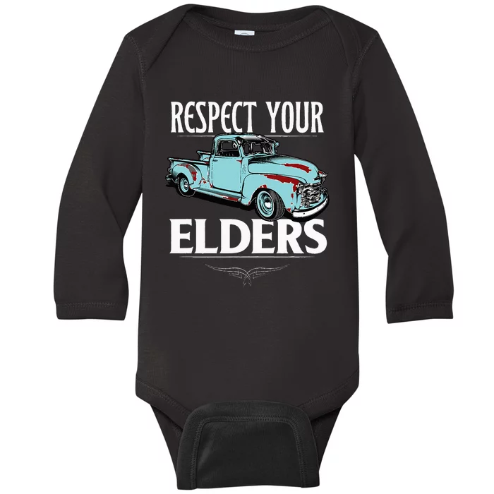 Funny Classic Truck Guy Respect Your Elders Baby Long Sleeve Bodysuit