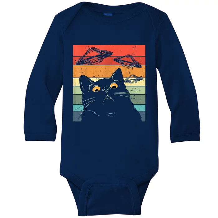 Funny Cat Tee, Galaxy Cat Spaceship Alien Cat UFO Baby Long Sleeve Bodysuit