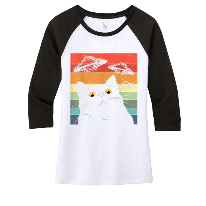 Funny Cat Tee, Galaxy Cat Spaceship Alien Cat UFO Women's Tri-Blend 3/4-Sleeve Raglan Shirt