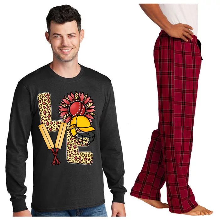 Funny Cricket T Shirts Plus Size, Love Cricket Leopard Sunflower Sports Ball Long Sleeve Pajama Set