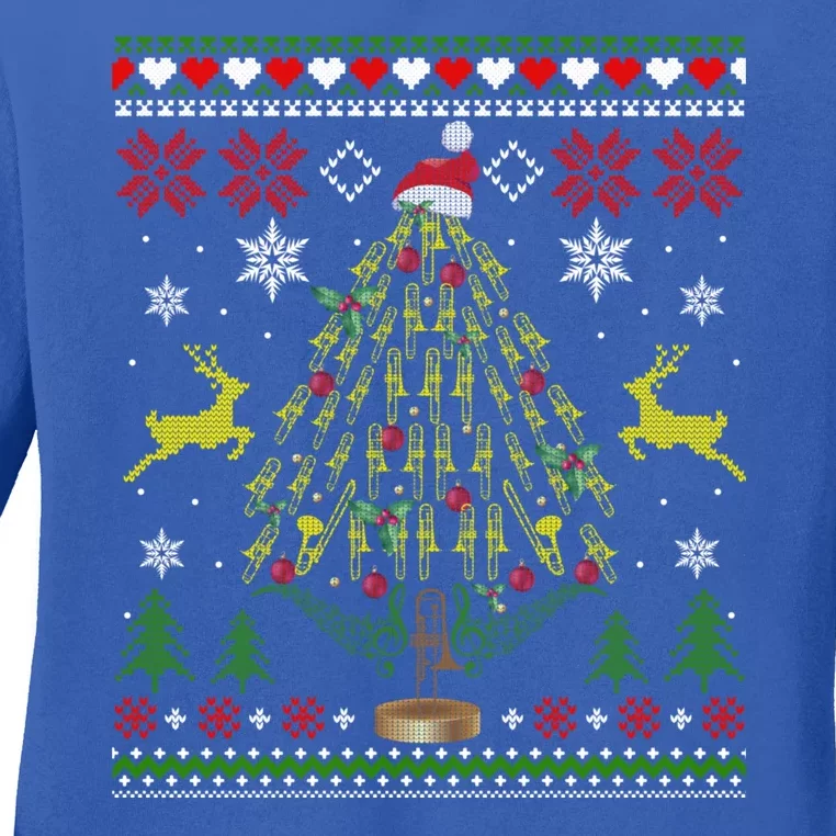 Funny Christmas Trombone Player Gifts Xmas Tree Ugly Ladies Long Sleeve Shirt