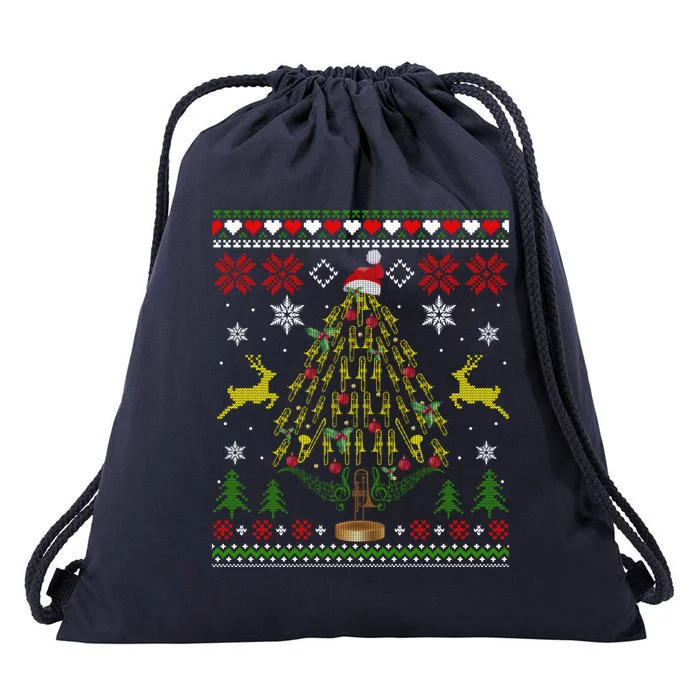 Funny Christmas Trombone Player Gifts Xmas Tree Ugly Drawstring Bag