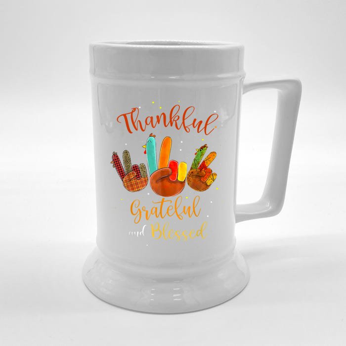 Funny Cute Thankful Grateful Blessed Plaid Thanksgiving Turkey Front & Back Beer Stein