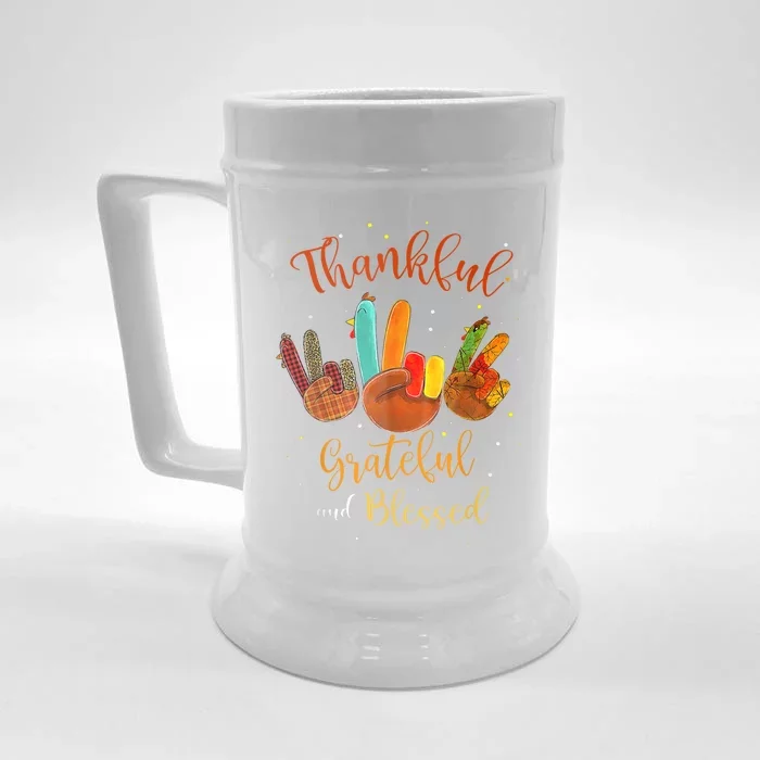 Funny Cute Thankful Grateful Blessed Plaid Thanksgiving Turkey Front & Back Beer Stein